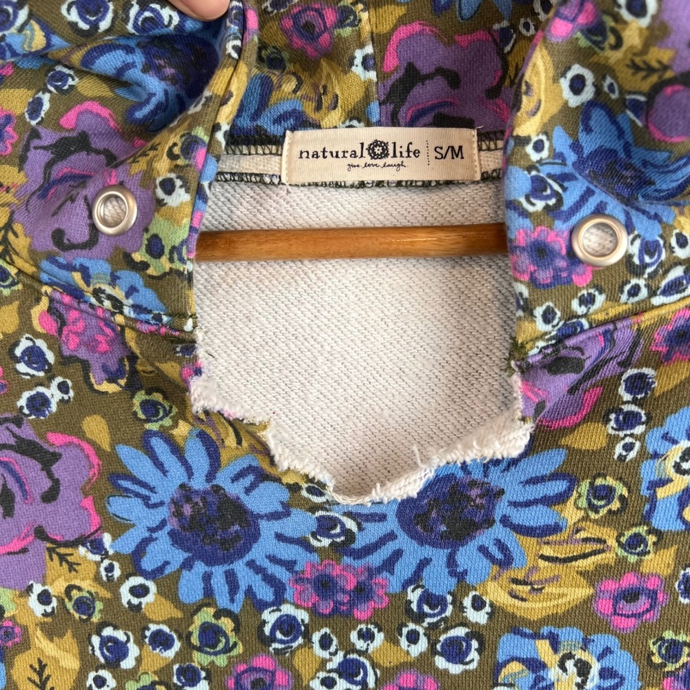 Natural Life Floral Hoodie Oversized Pullover Blue Purple Green S/M - Picture 6 of 12
